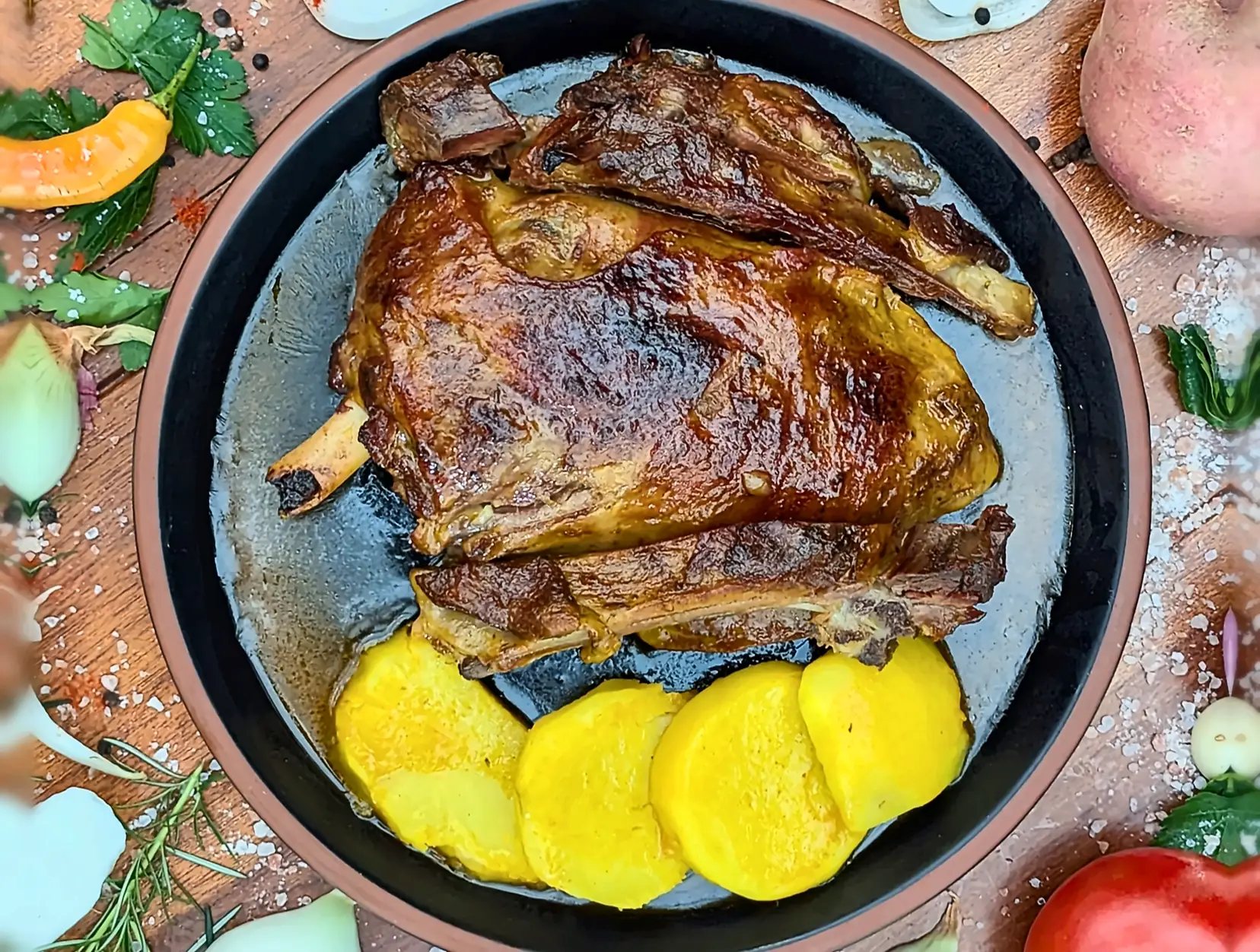 Cordero asado en cazuela de hierro con papas, aj&iacute; y hierbas